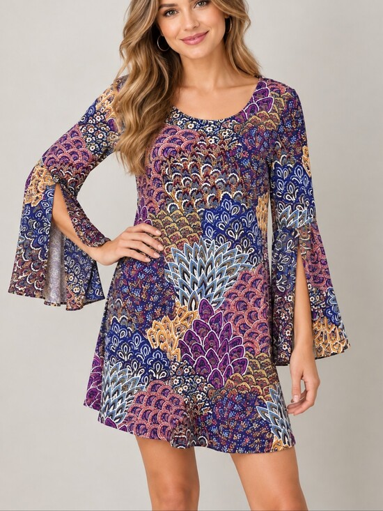 Ivy Road Dresses & Skirts - IVY ROAD Colorful Flare Split Sleeve Scoop Neck Peacock Mini Trapeze Disco Dress
